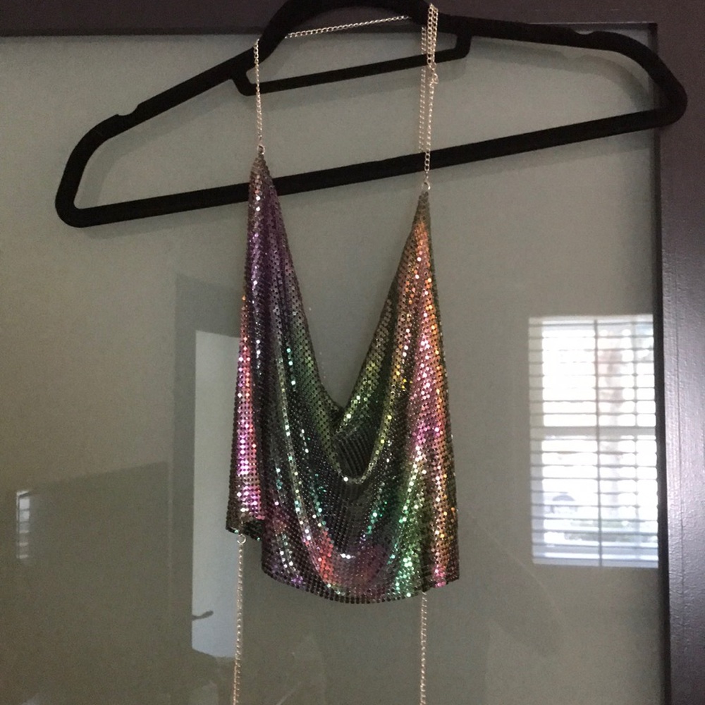 Shiny backless rainbow top